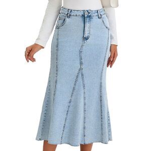 Women's Fishtail Jean Skirt High Waist Stretchy Fit and Flare Midi Denim Skirts